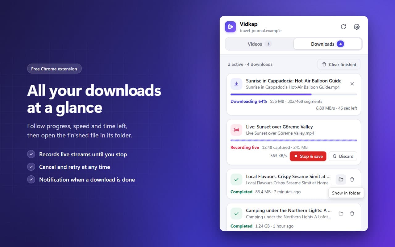 All your downloads at a glance: the Downloads tab with progress, speed and time left