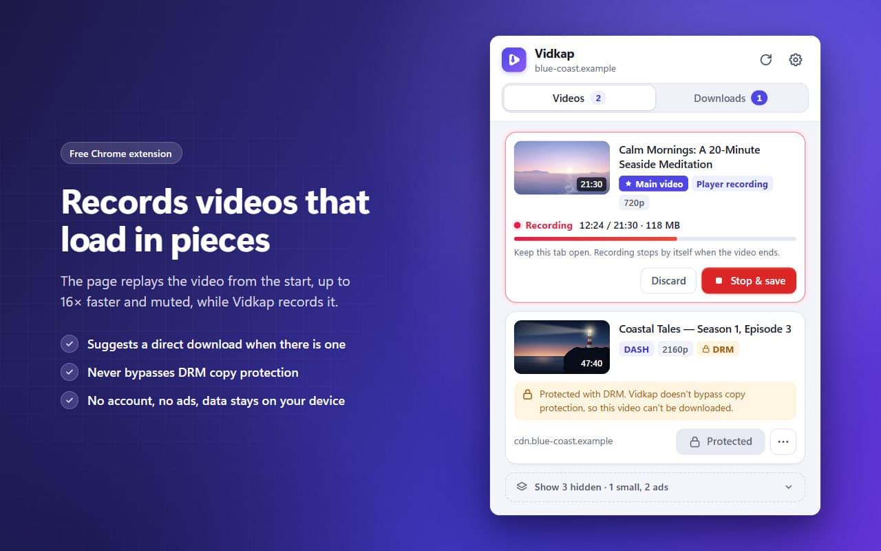 Records videos that load in pieces: a player recording and a DRM-protected video