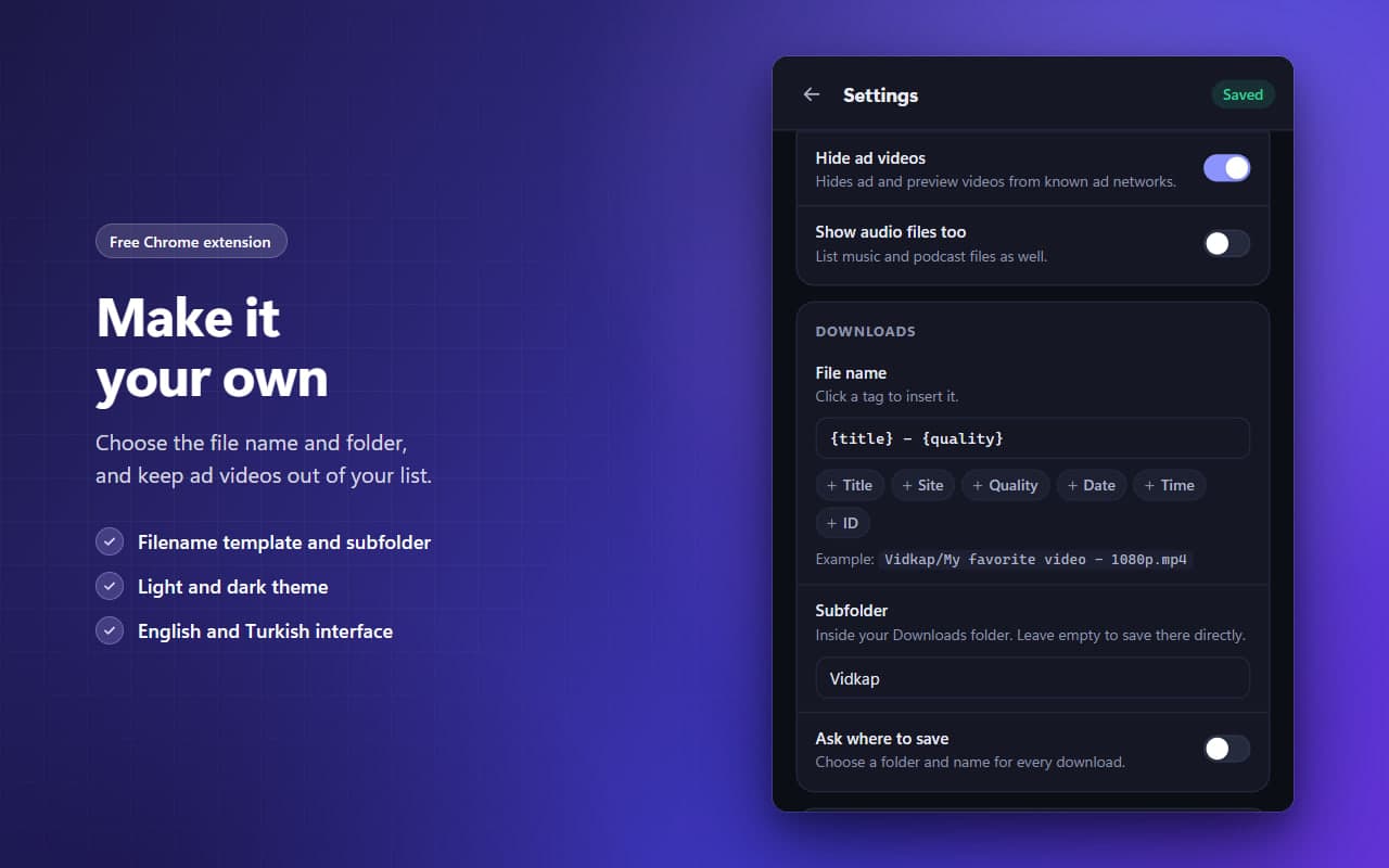 Make it yours: file name template and subfolder settings in the dark theme