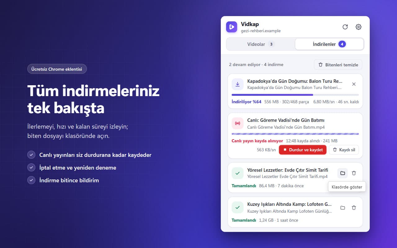 Tüm indirmeleriniz tek bakışta: ilerlemeyi, hızı ve kalan süreyi gösteren İndirilenler sekmesi