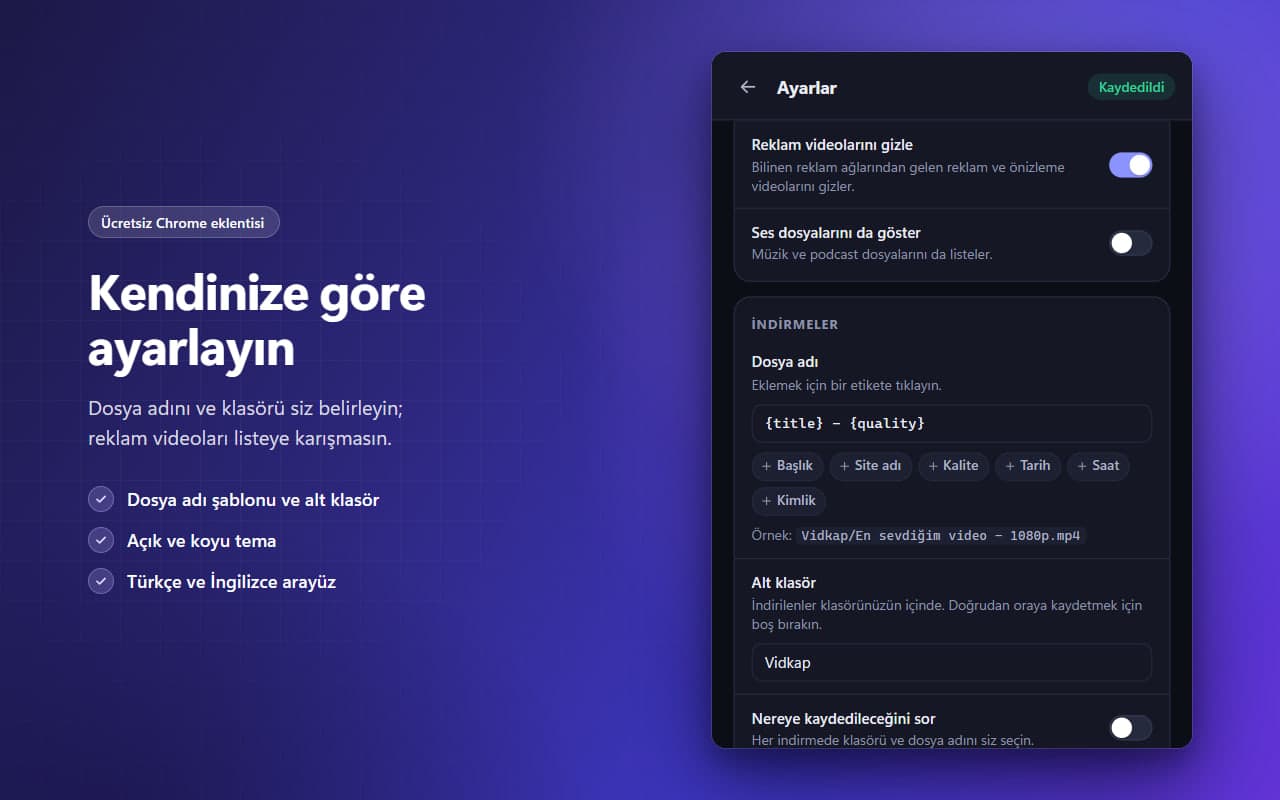 Kendinize göre ayarlayın: koyu temada dosya adı şablonu ve alt klasör ayarları