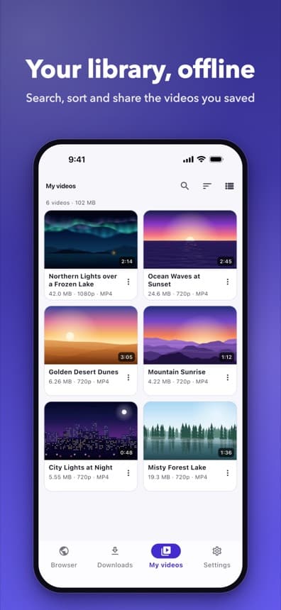 Your library, offline: a grid of saved videos