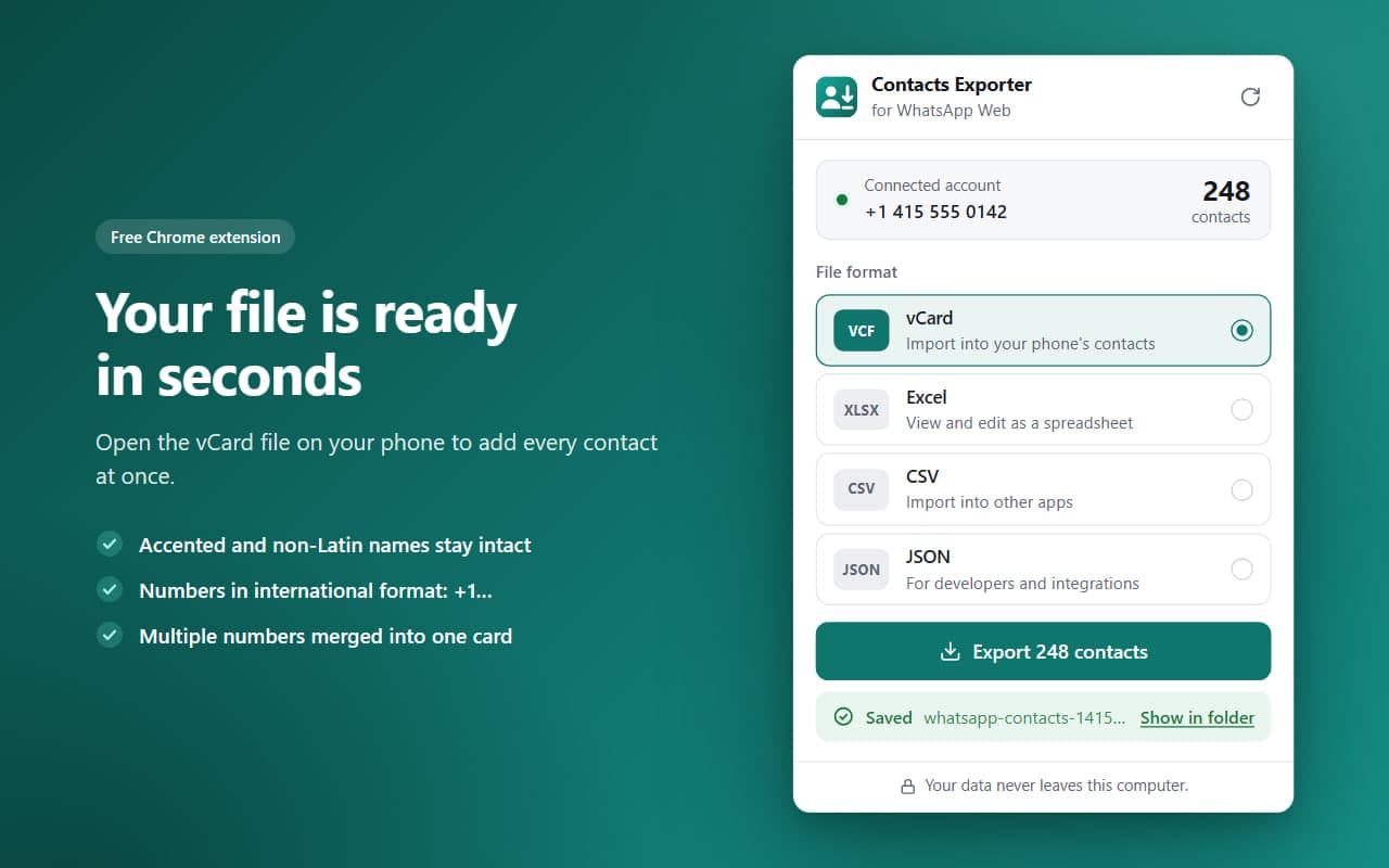 Your file is ready in seconds: the saved vCard file with a Show in folder link