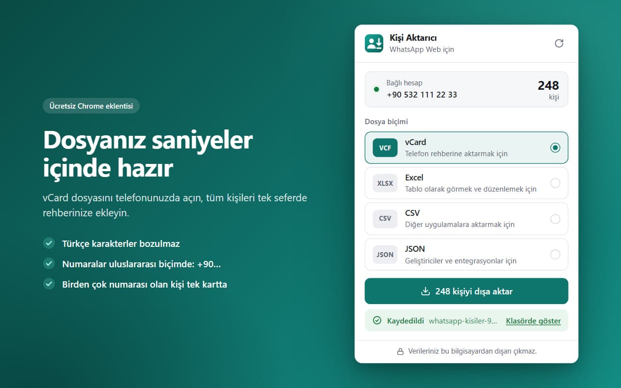 Dosyanız saniyeler içinde hazır: kaydedilen vCard dosyası ve Klasörde göster bağlantısı